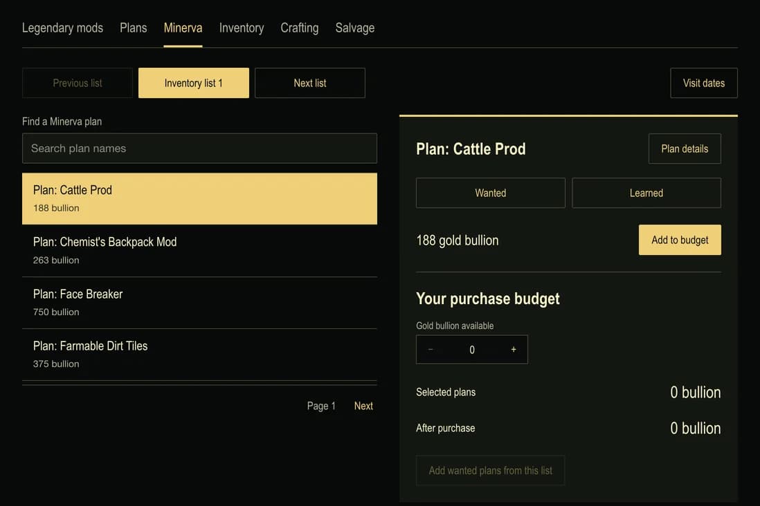 The Minerva budget planner with Plan: Cattle Prod selected at 188 gold bullion beside the purchase budget.