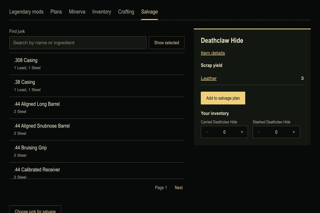 The salvage planner with Deathclaw Hide selected, showing its scrap yield of 3 Leather.