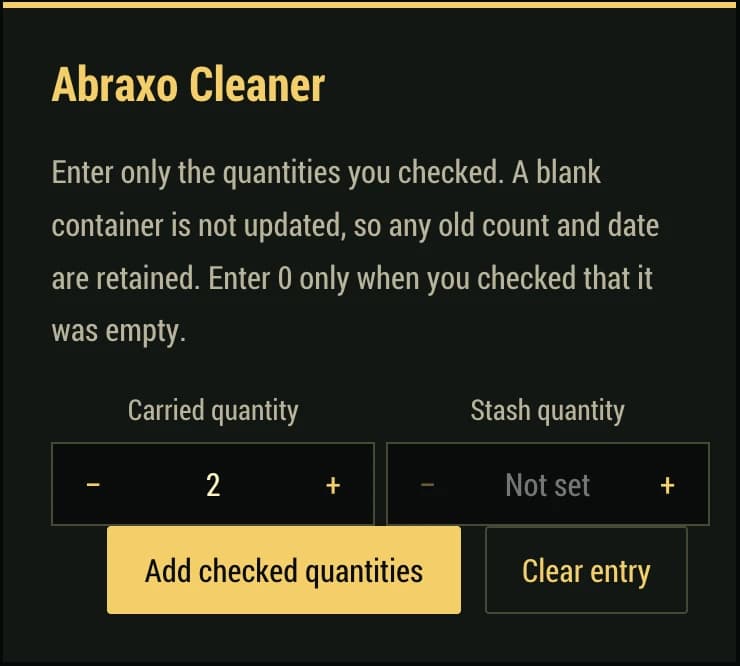 Abraxo Cleaner has 2 entered under Carried quantity while Stash quantity is blank.