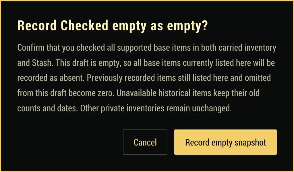 The empty-snapshot confirmation describes both containers and preserves other private inventories and unavailable historical records.