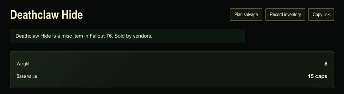 The Deathclaw Hide page showing its weight of 8 and base value of 15 caps.