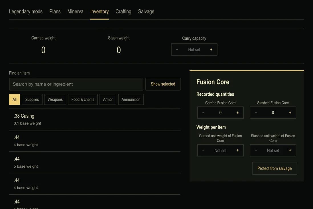 The inventory planner with Fusion Core selected, showing carried and stashed quantities and weight per item.