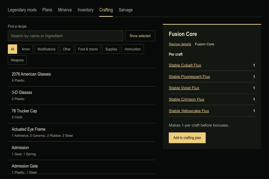 The crafting planner with the Fusion Core recipe selected, listing the five flux materials per craft.