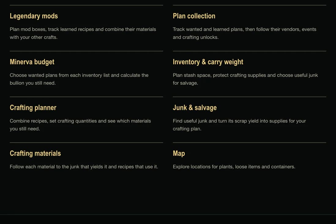 The tools page linking the legendary mod, plan, Minerva, inventory, crafting and salvage planners.
