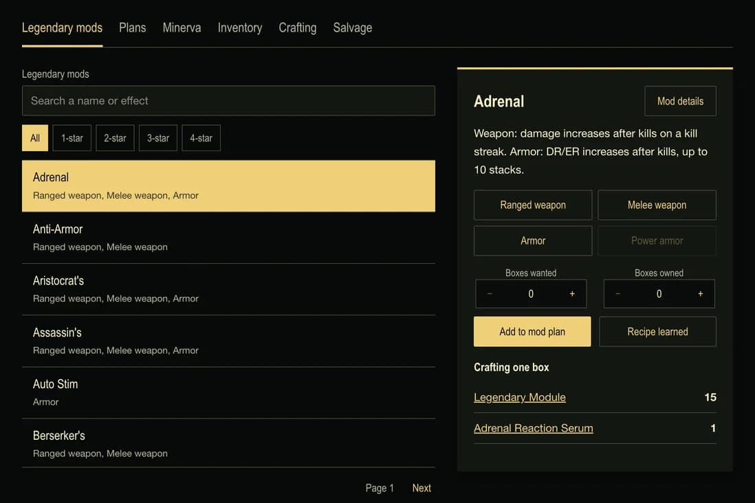 The legendary mod planner with Adrenal selected, showing its effect and the materials for one box.