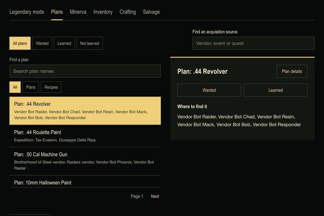 The plan collection with Plan: .44 Revolver selected and the vendors where it is found.